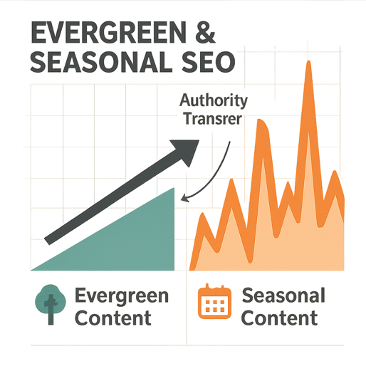 An infographicstyle chart or diagram that visually represents the interplay between evergreen and seasonal SEO The left side should show a stable rising line or a solid bar labeled Evergreen Content indicating consistent longterm growth The right sid-1