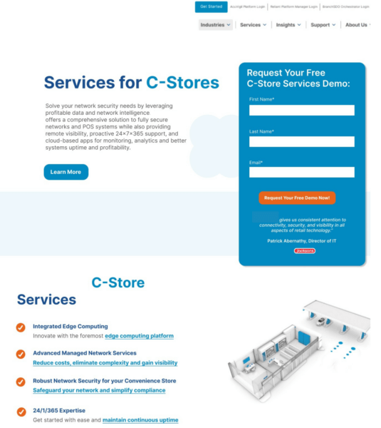 anonymized screenshot of a top of funnel section of the homepage of a company providing convenience store services