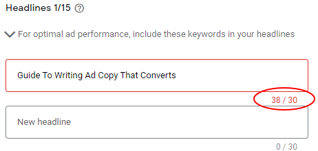 sample headline in google with character count and limits circled in red