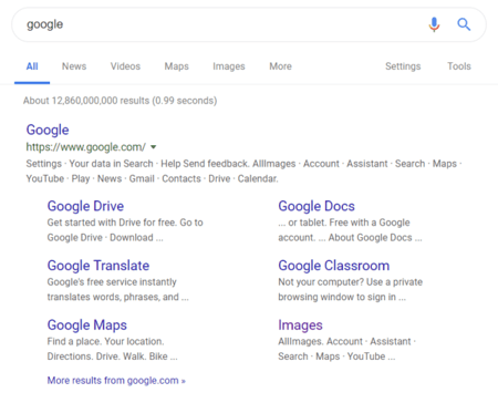 Screenshot of Google search result showing organic sitelinks