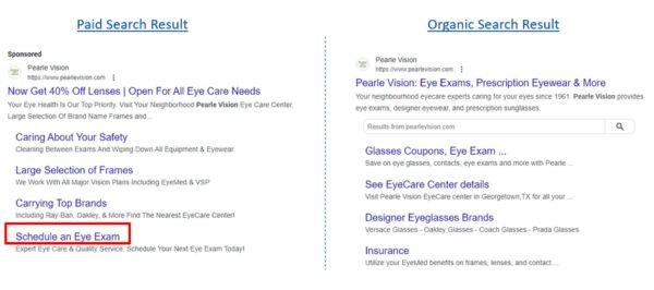 screenshot showing the difference between brand paid vs organic search results