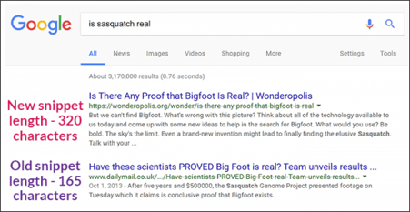 screen shot of search results showing a long snippet and a short snippet