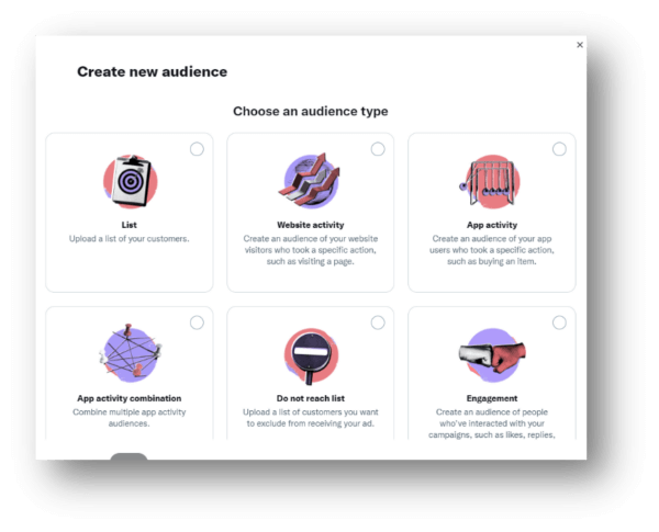 screenshot showing options for creating a new twitter audience